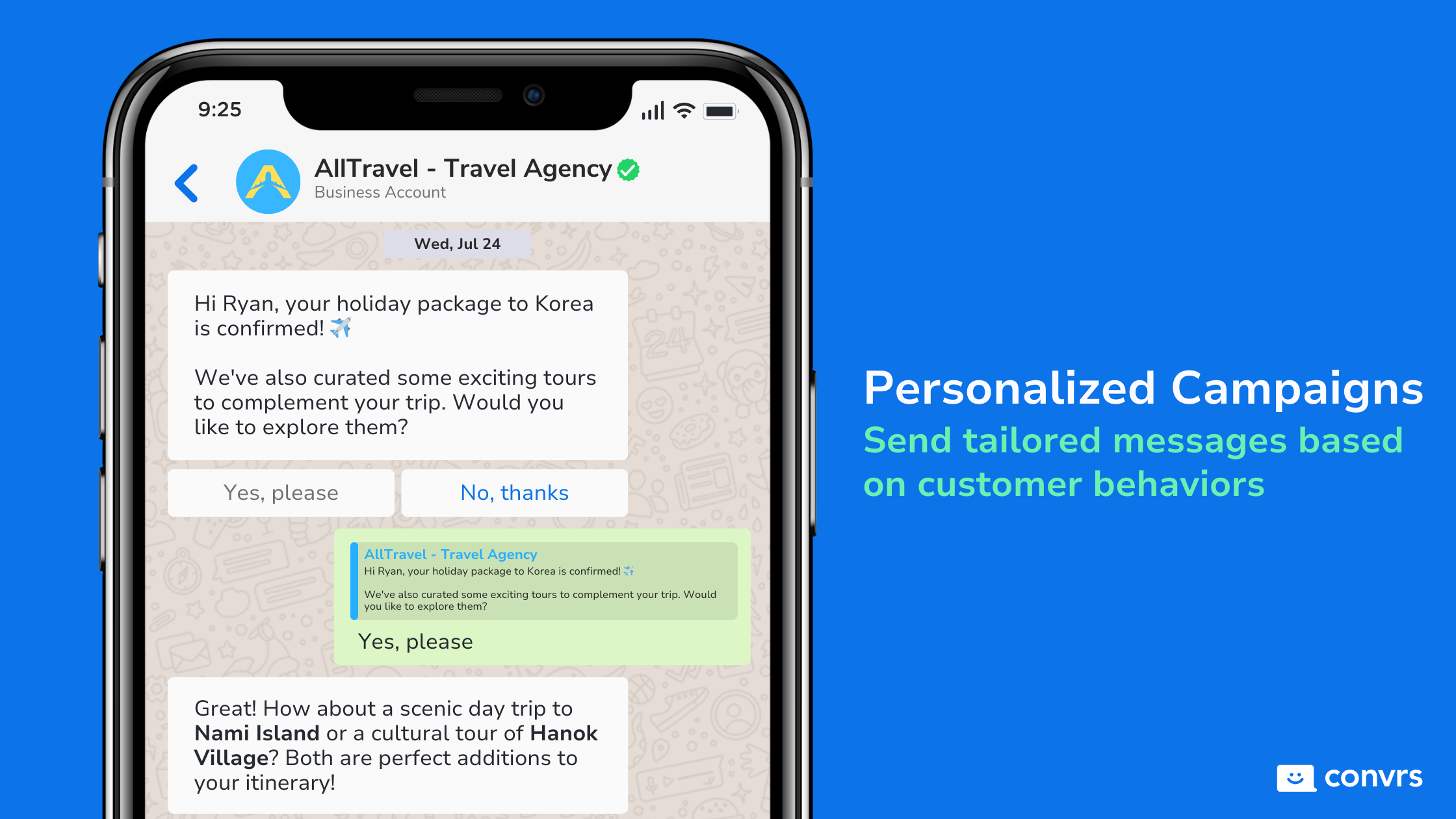 Personalized WhatsApp Marketing message sent by Travel Agency with WhatsApp Automation